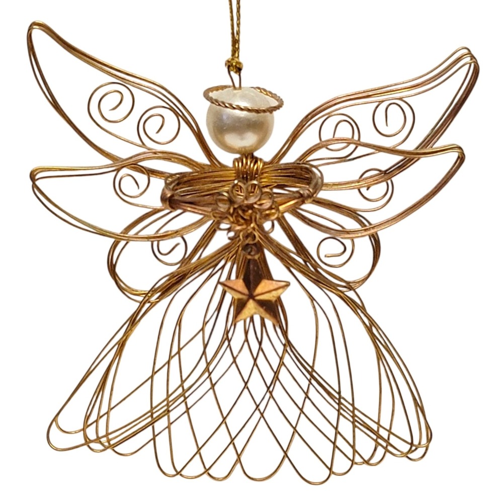 VTG 90s Avon Radiant Angel Christmas Ornament 1997‎ Faux Pearl Gold Wire Metal